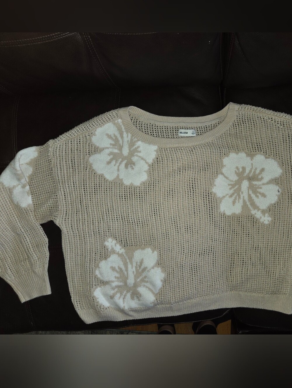 Hollister Beige Open-Knit Crewneck Sweater with White Floral Motifs